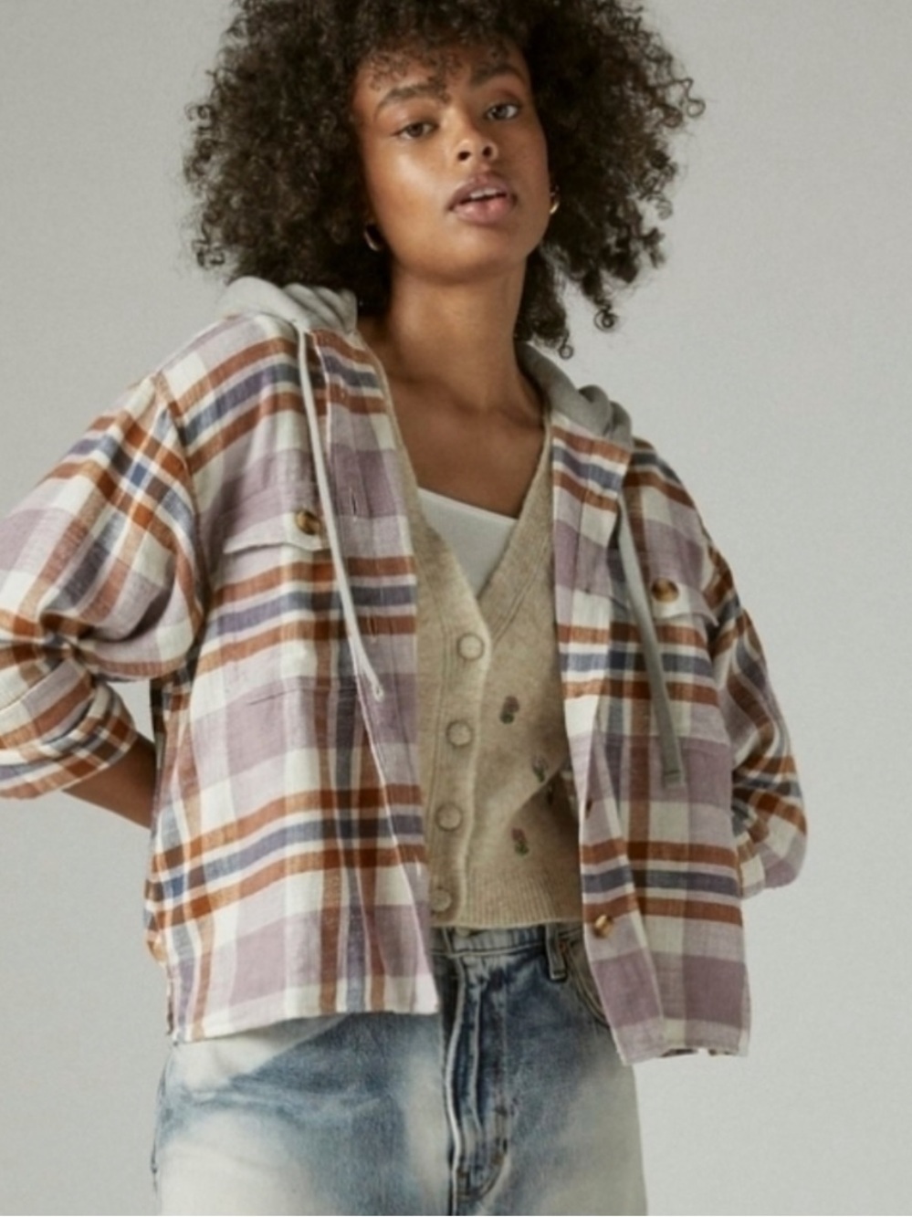 NWT lucky brand cropped plaid hoodie in pink plaid Women's Large - Picture 10 of 10